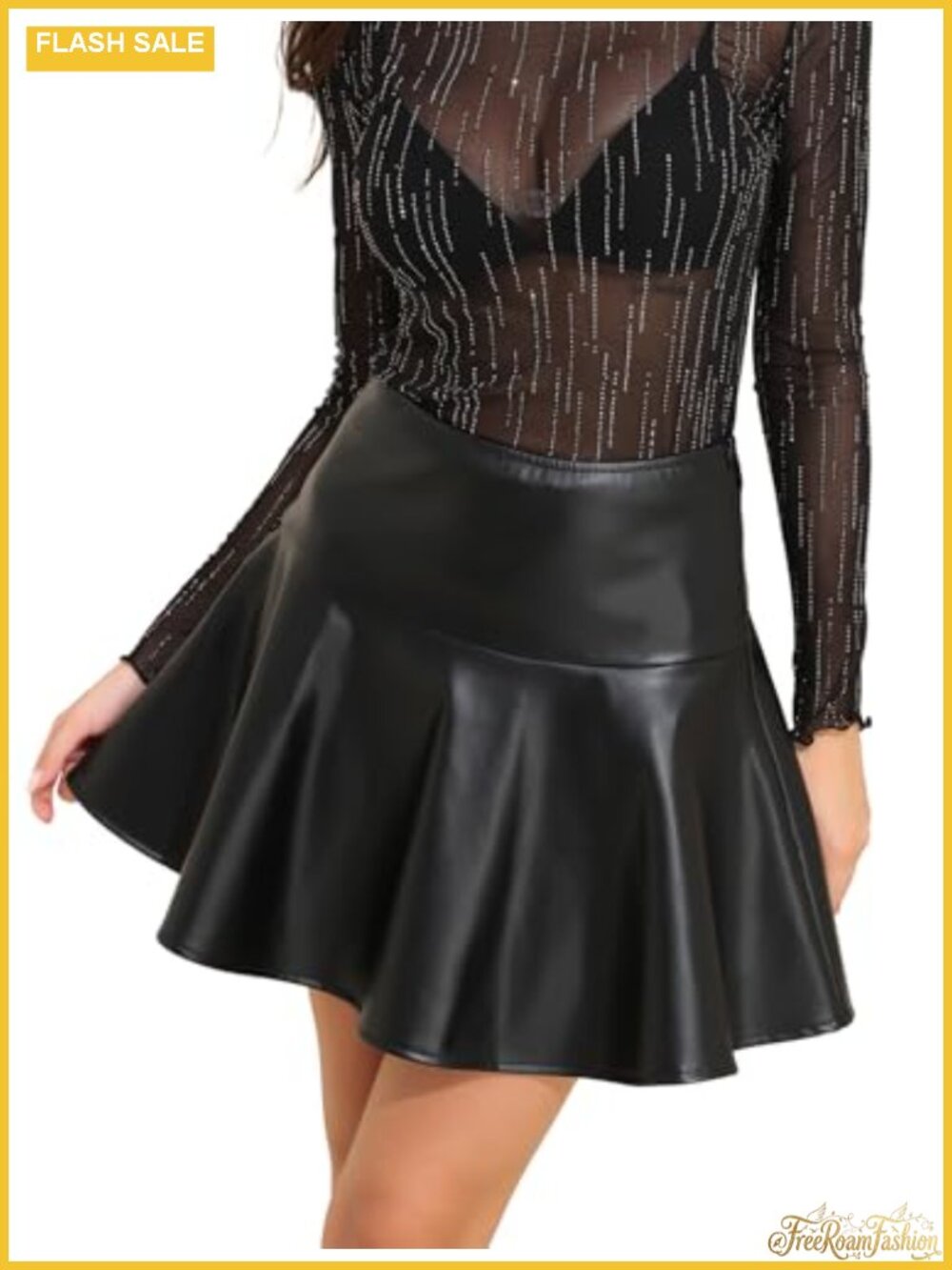 Pleated Mini Skirt High Waist Stretchy PU Faux Leather A-Line